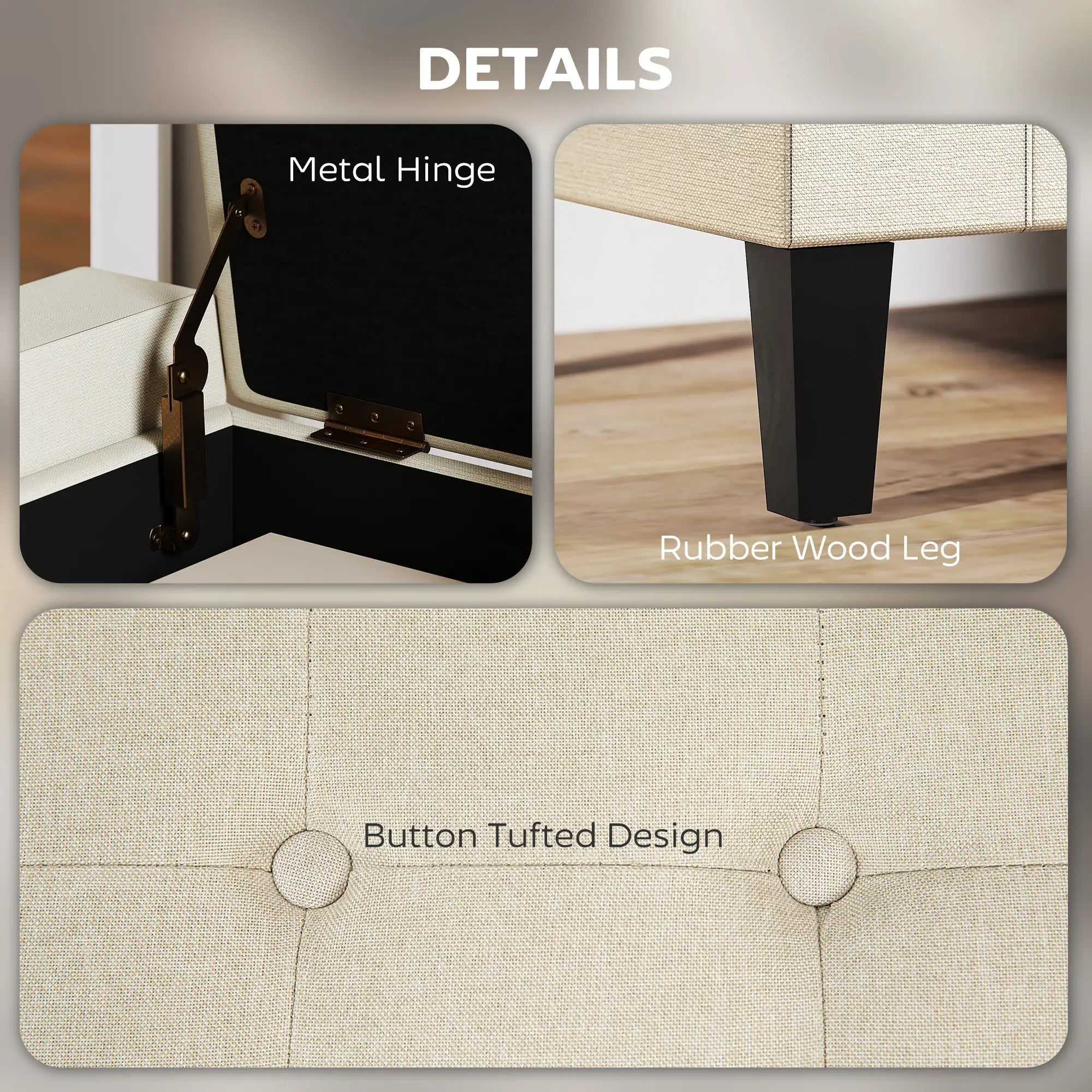 Storage Ottoman Bench, Tufted Linen Fabric, Flip Top, Beige Storage Ottomans & Benches at Gallery Canada