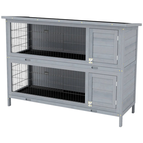 2 Tier Wooden Rabbit Hutch, Bunny Pet House, Grey