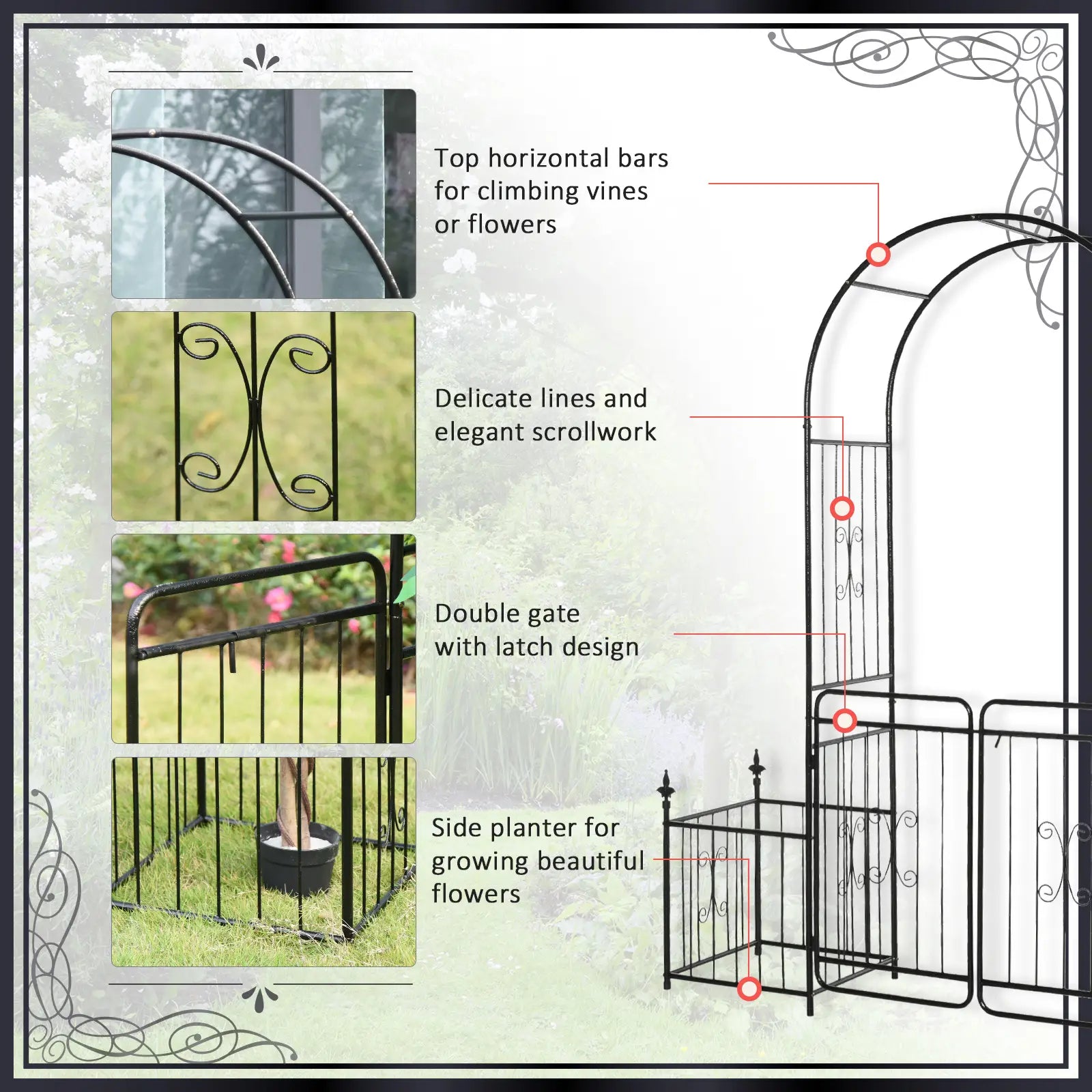 7.2FT Metal Garden Arbor, Double Doors, 2 Side Baskets, Black Garden Arches at Gallery Canada