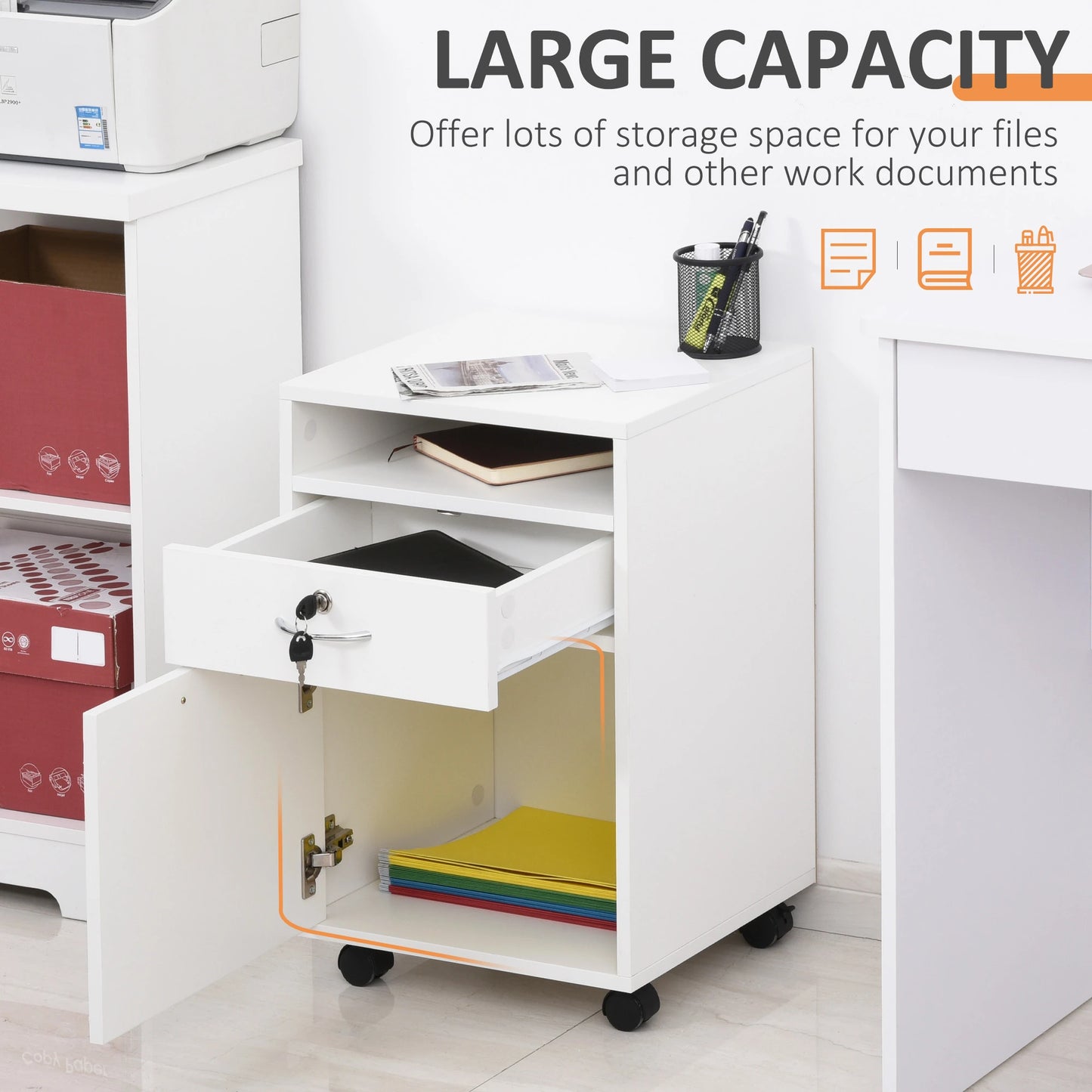 24" Vertical Filing Cabinet with Lock, Mobile, White Office Cabinets & Cupboards at Gallery Canada