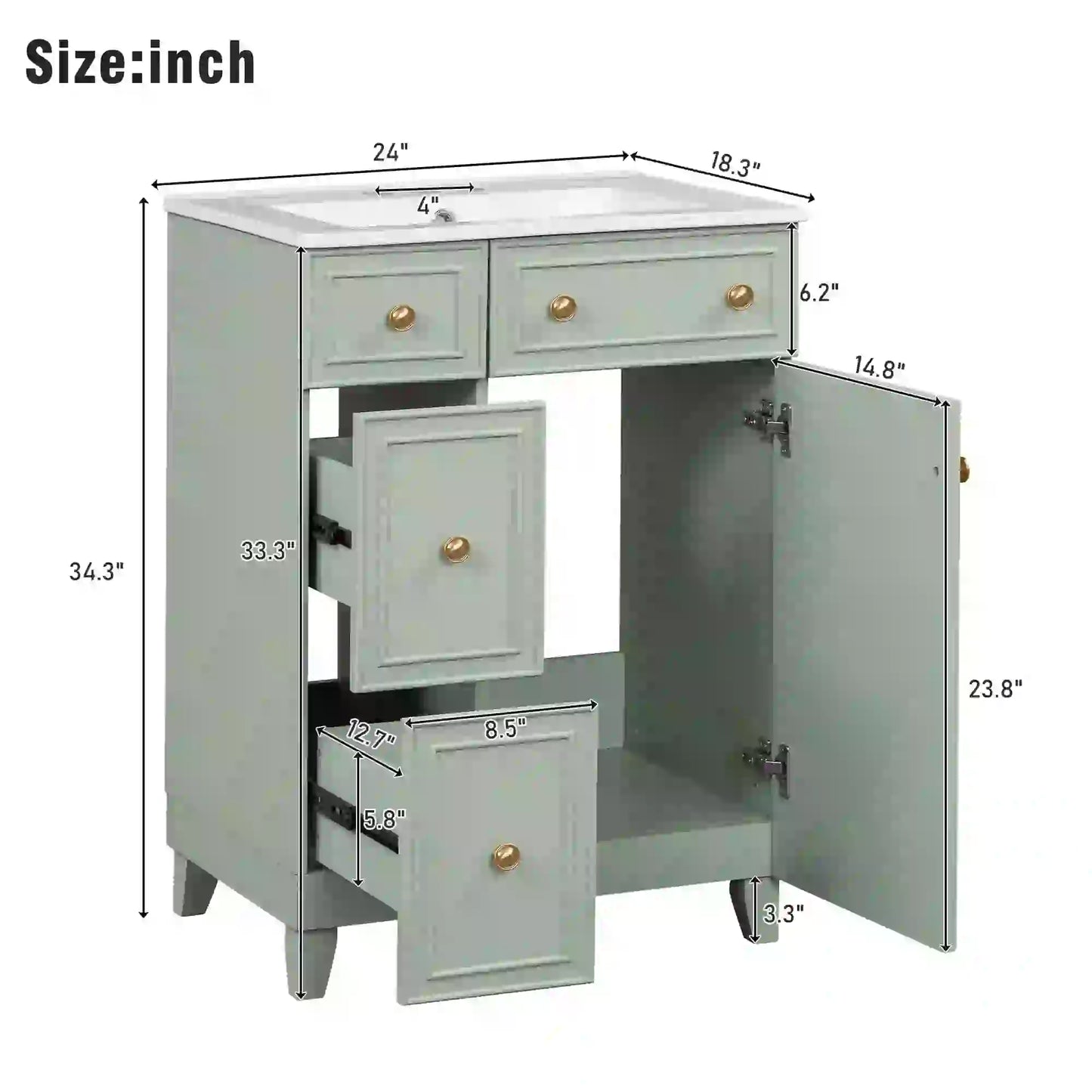 24" Bathroom Vanity, 4 Drawers, Ceramic Sink, Solid Wood, Green+White Sink Cabinets at Gallery Canada