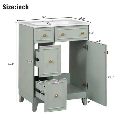 24" Bathroom Vanity, 4 Drawers, Ceramic Sink, Solid Wood, Green+White Sink Cabinets at Gallery Canada