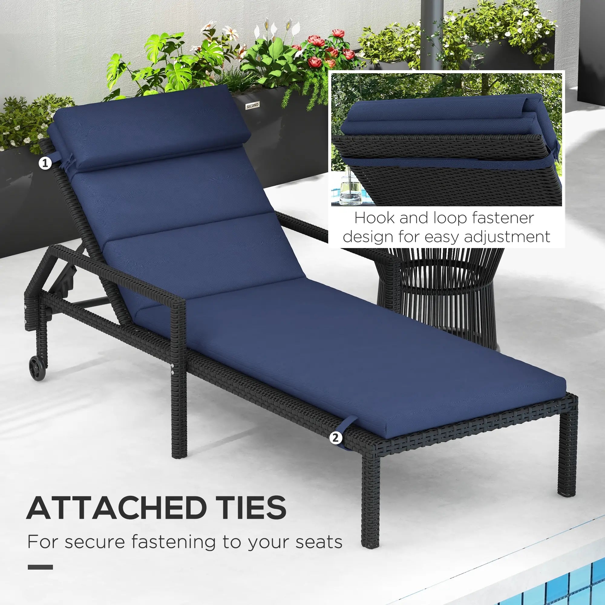 Patio Chaise Lounge Chair Cushion, with Headrest and Ties, Dark Blue Patio Chair Cushions at Gallery Canada