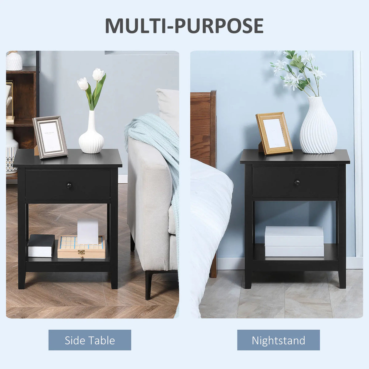 Modern Nightstand, Small End Table with Drawer, Storage Shelf, Black Side Tables at Gallery Canada