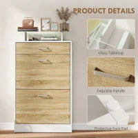 Armoire à chaussures fine, 2 tiroirs rabattables, étagères réglables, tiroir, plateau en verre