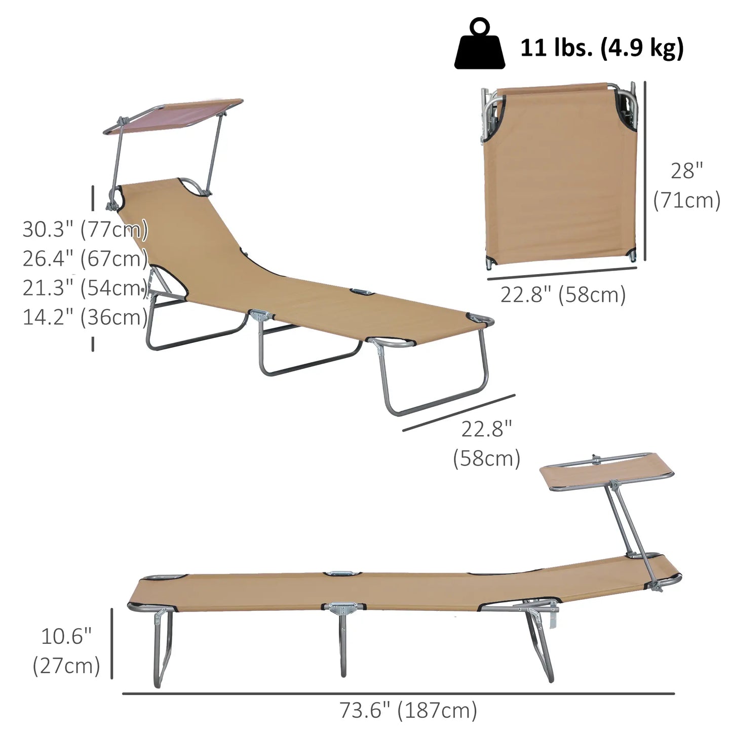 Adjustable Folding Chaise Lounge, Outdoor Chair With Sun Shade, Brown Lounger Chairs at Gallery Canada