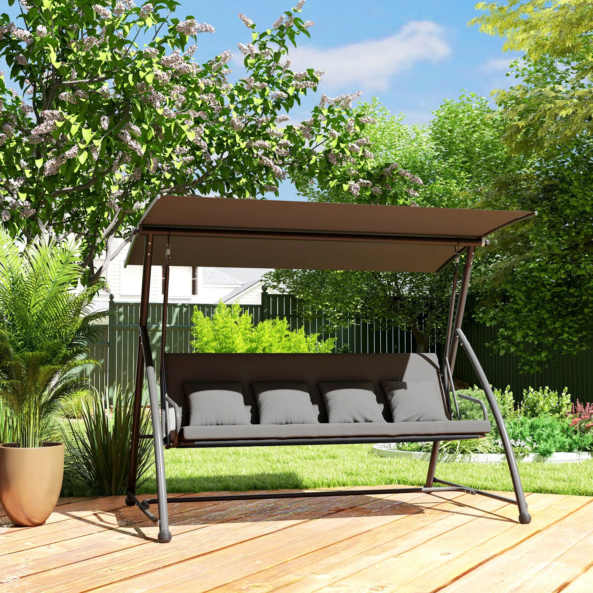 3 Person Patio Swing Chair, Convertible Hammock, Outdoor Lounge Bed, Dark Grey Porch Swings with Canopy at Gallery Canada