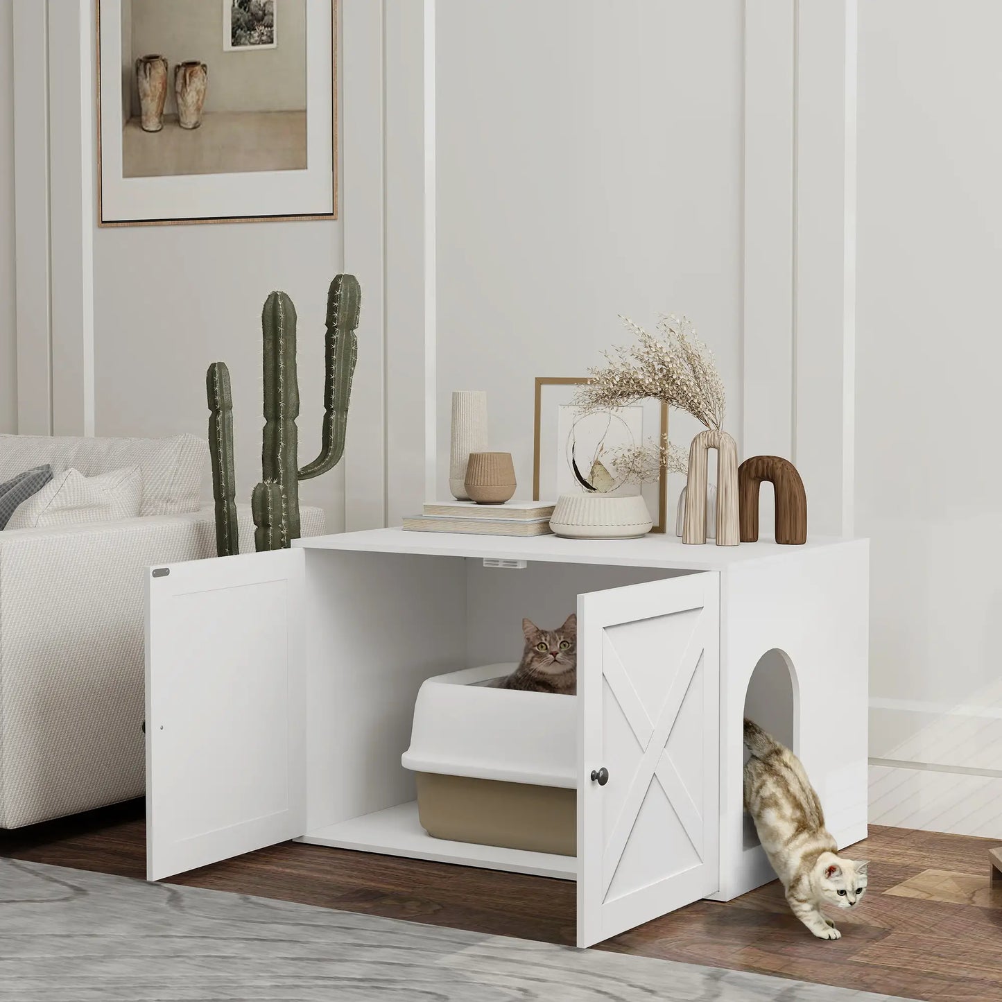 Cat Litter Box Enclosure, Double Doors, Handles, 31.5" x 21" x 20", White Cat Litter Box Enclosures at Gallery Canada