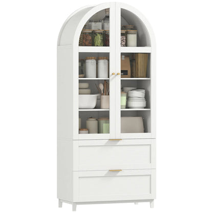 71" Tall White Arched Kitchen Pantry Cabinet, Shelves, 2 Drawers, Acrylic Doors, White Kitchen Pantry Cabinets at Gallery Canada