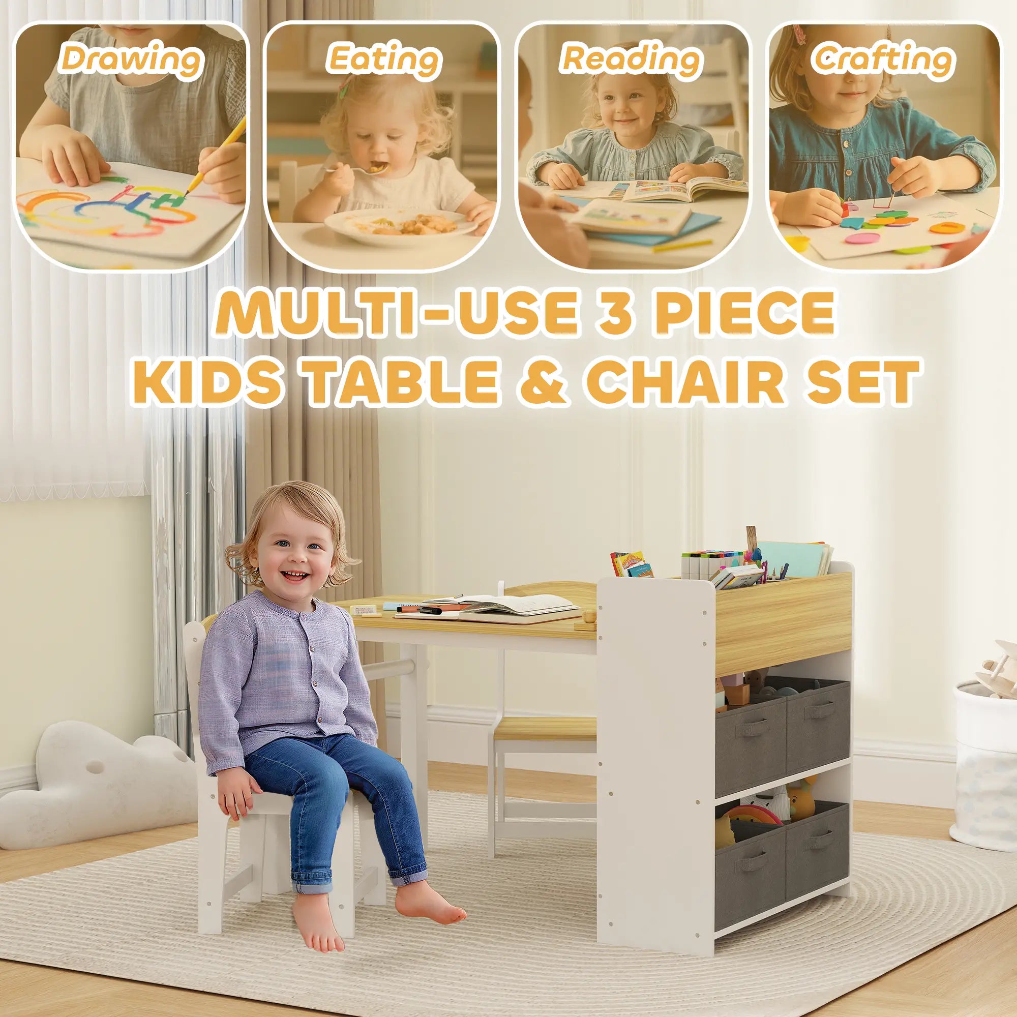 Kids Table and Chairs Set, Toddler Art Table with Paper Roll, Storage, Natural Wood Kids Table Sets at Gallery Canada