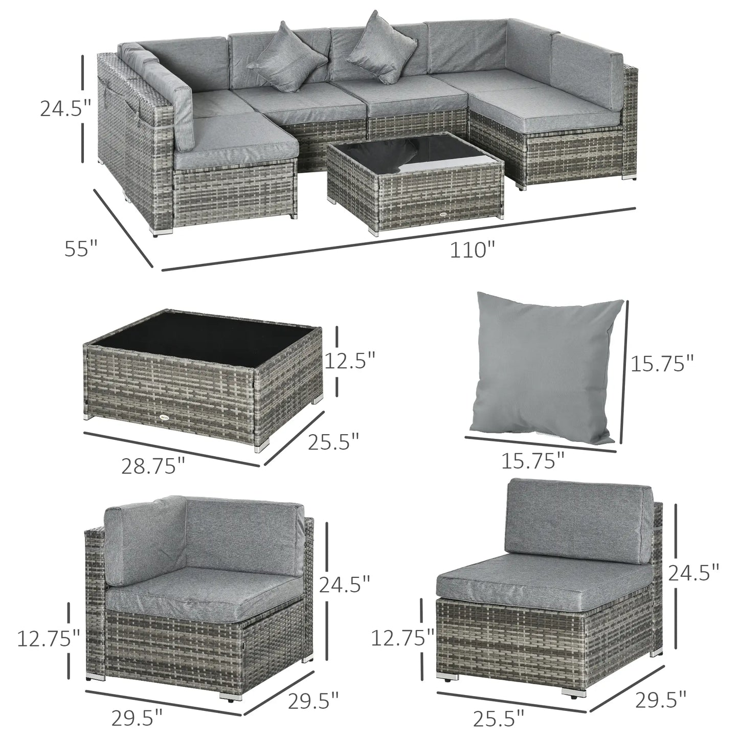 7pc Garden Wicker Sectional Set w/ Tea Table Patio Rattan Lounge Sofa Outdoor Deck Furniture Light Grey Patio Furniture Sets at Gallery Canada