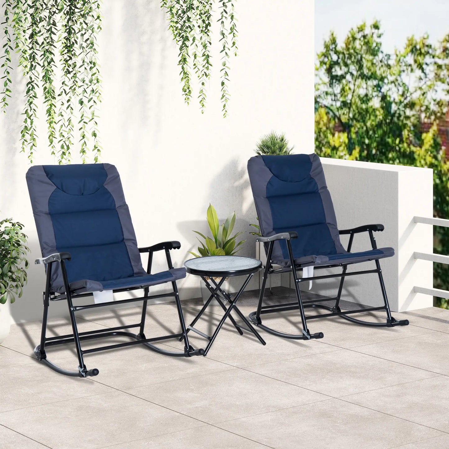 3pc Foldable Rocking Chair Set, Outdoor Bistro w/ Padded Seat, Blue Outdoor Rocking Chairs at Gallery Canada