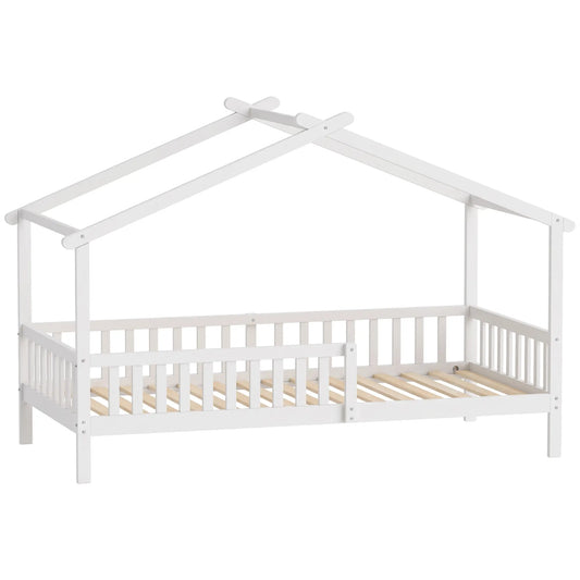 Twin Bed Frame, Solid Wood House Bed with Roof, Guardrail, No Box Spring, White Kids Bedroom Furniture White at Gallery Canada