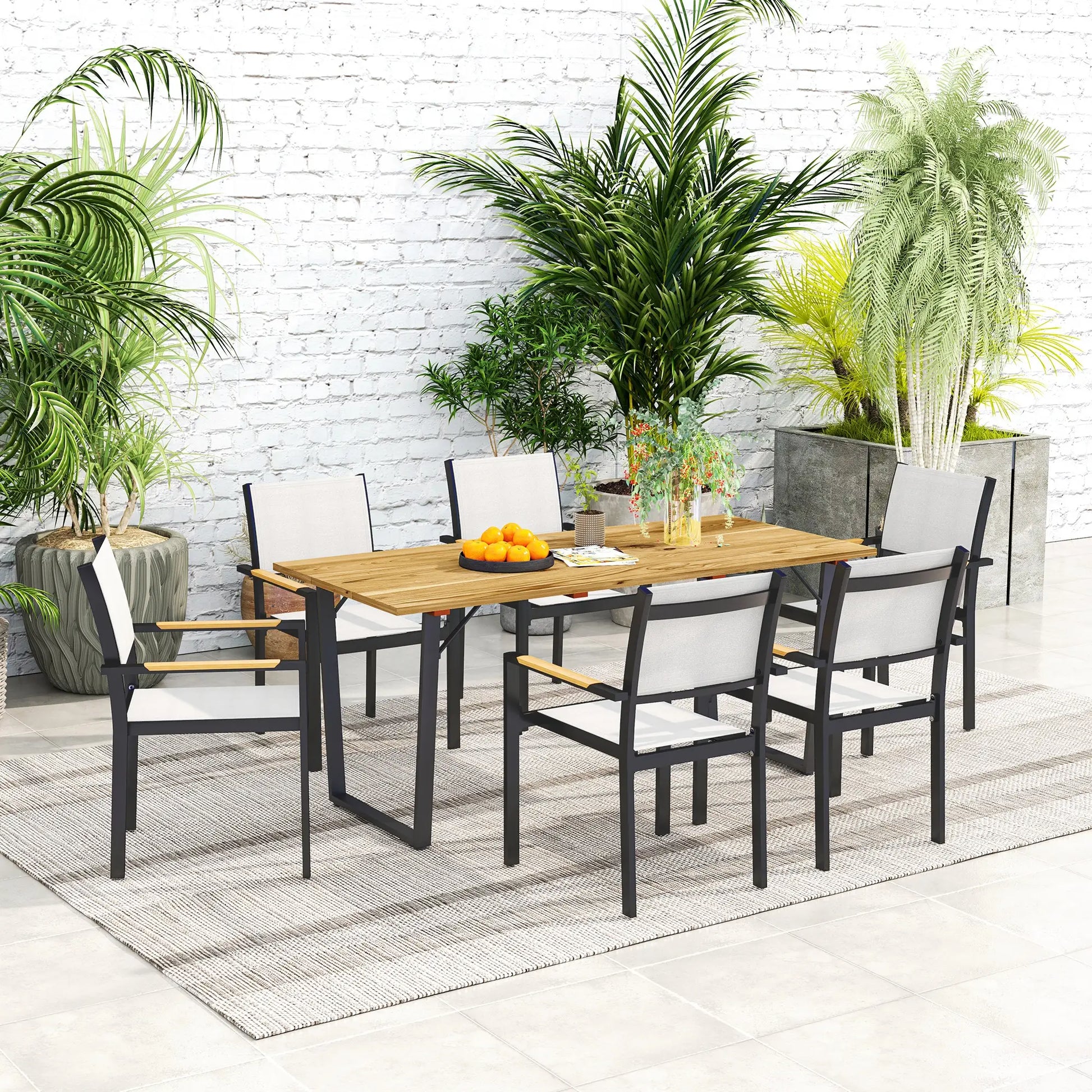 Wooden Outdoor Dining Table for 6, 2" Umbrella Hole, Slatted Tabletop, Metal Frame Patio Dinning Tables at Gallery Canada