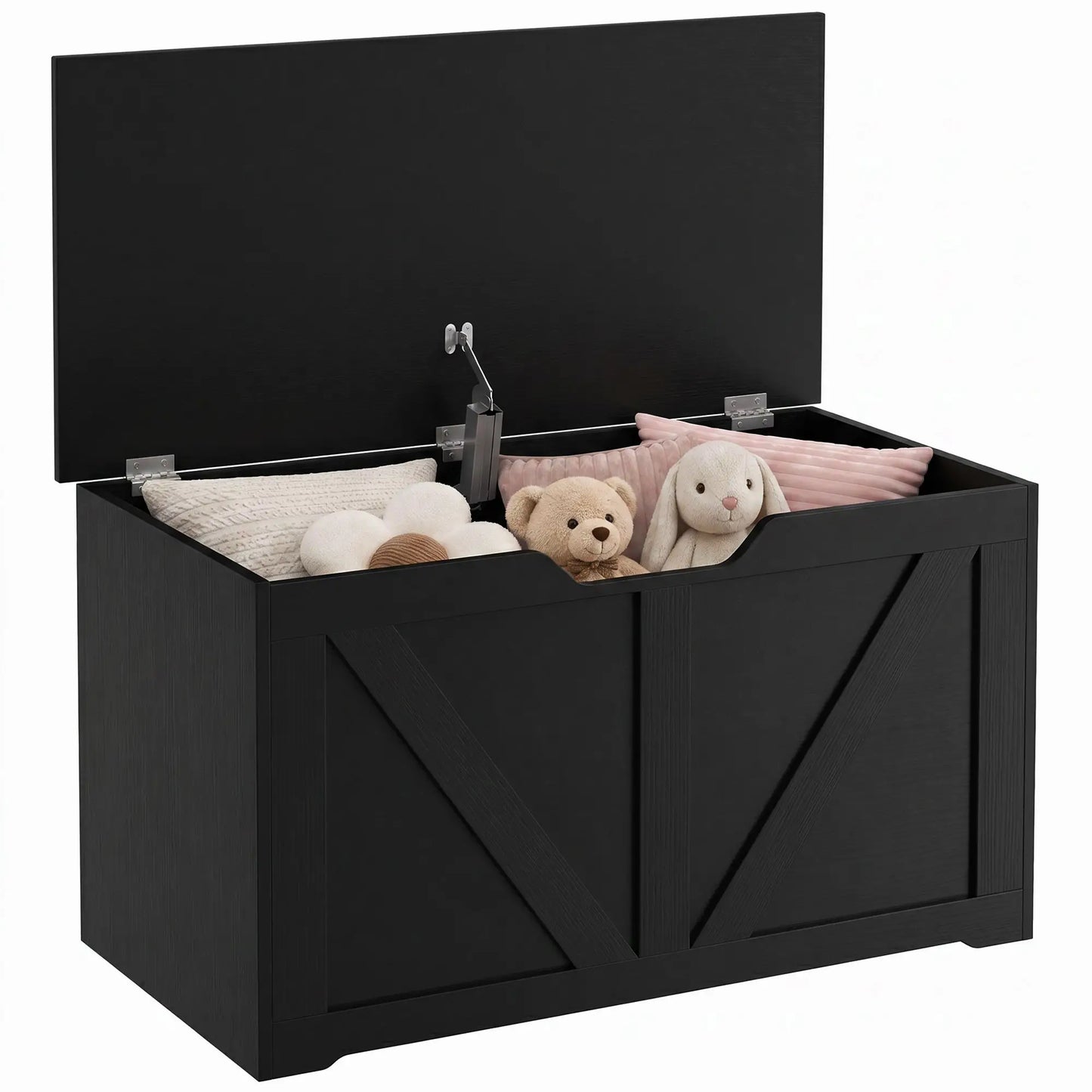 31.5 Inch Storage Chest Trunk with Safety Hinge, Black Wood Grain, Black