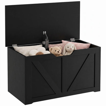 31.5 Inch Storage Chest Trunk with Safety Hinge, Black Wood Grain, Black