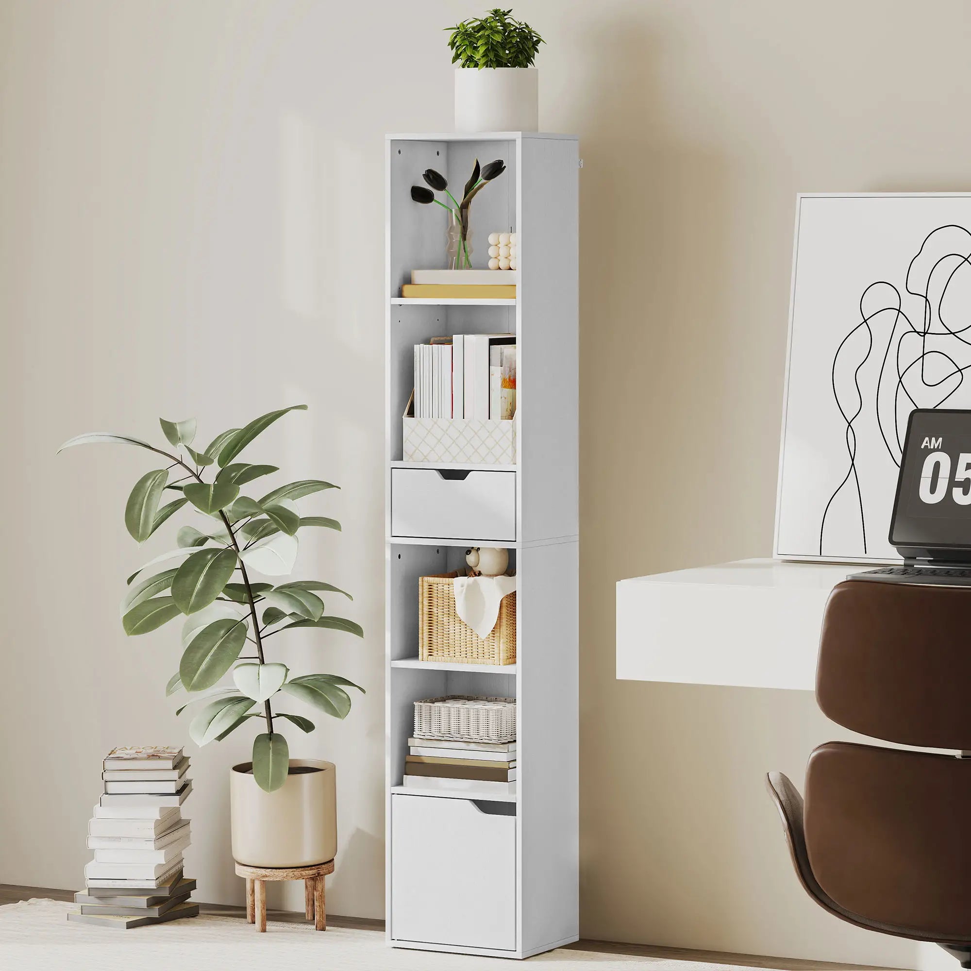 6-Tier Bookcase, Tall Narrow Bookshelf with Drawer and Door, White Display Bookshelves at Gallery Canada