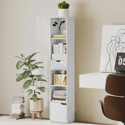 6-Tier Bookcase, Tall Narrow Bookshelf with Drawer and Door, White Display Bookshelves at Gallery Canada