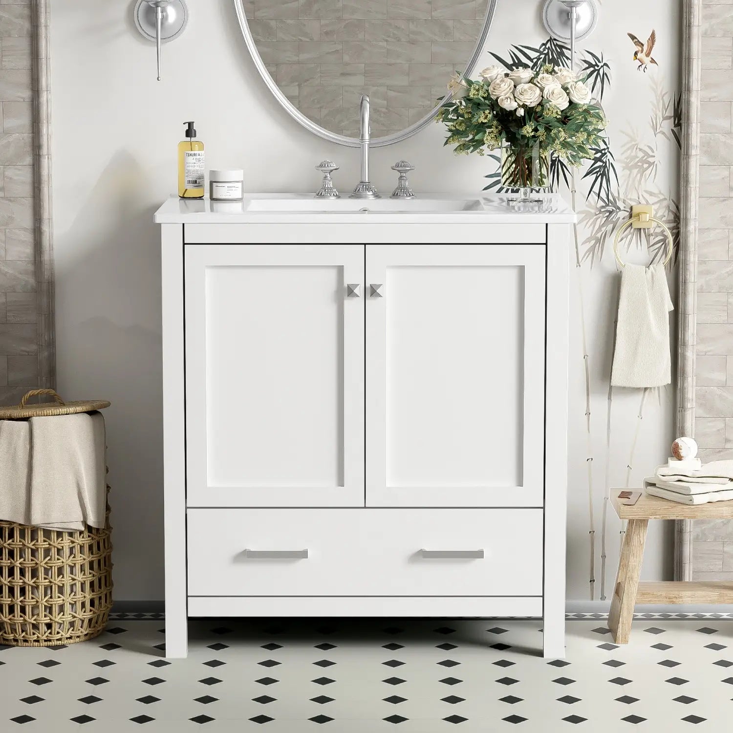 Single Sink Bathroom Vanity, Solid Wood, Soft-Close Doors, 30