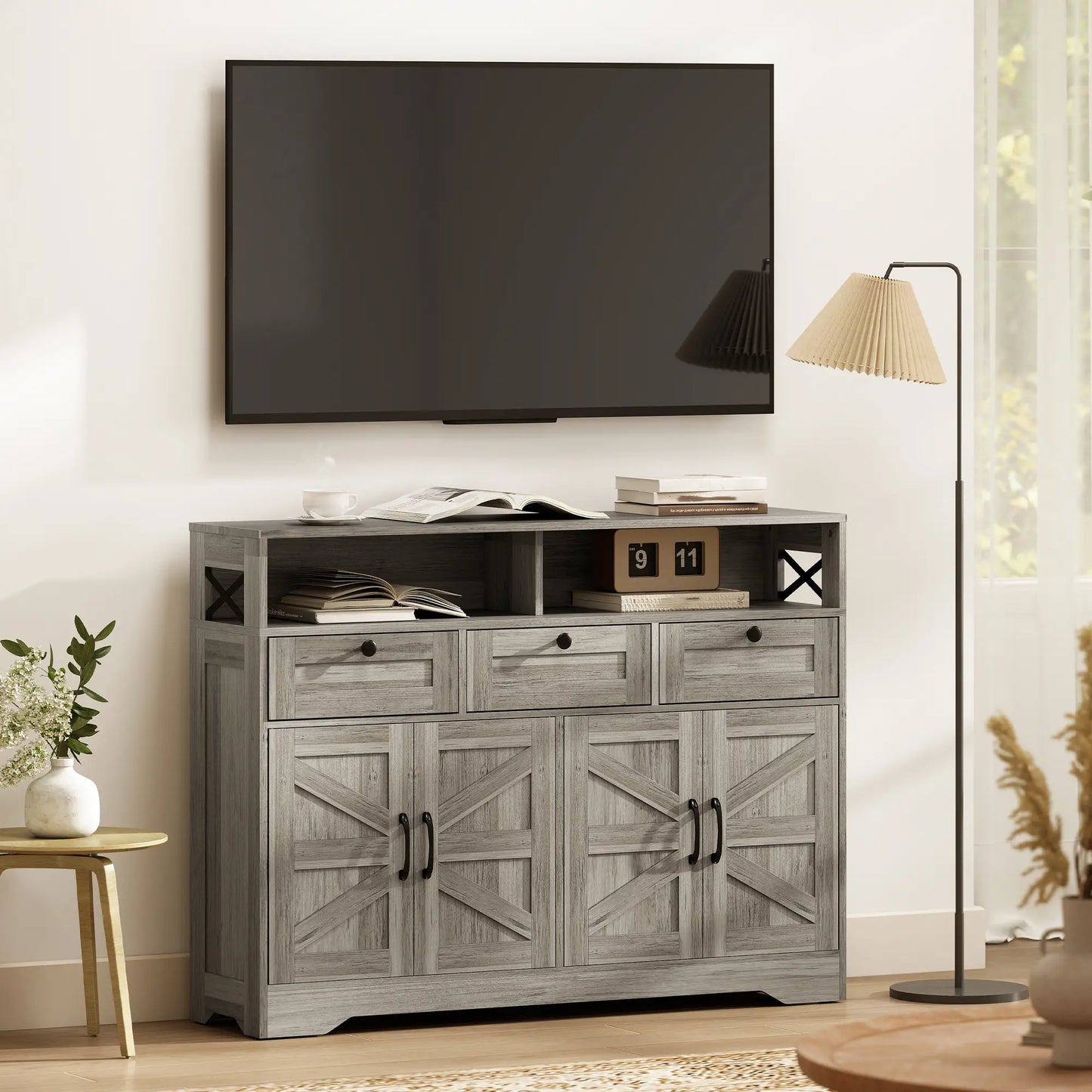 Grey Sideboard, Buffet Cabinet With 4 Barn Doors, 3 Drawers, Grey