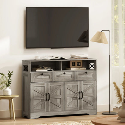 Grey Sideboard, Buffet Cabinet With 4 Barn Doors, 3 Drawers, Grey