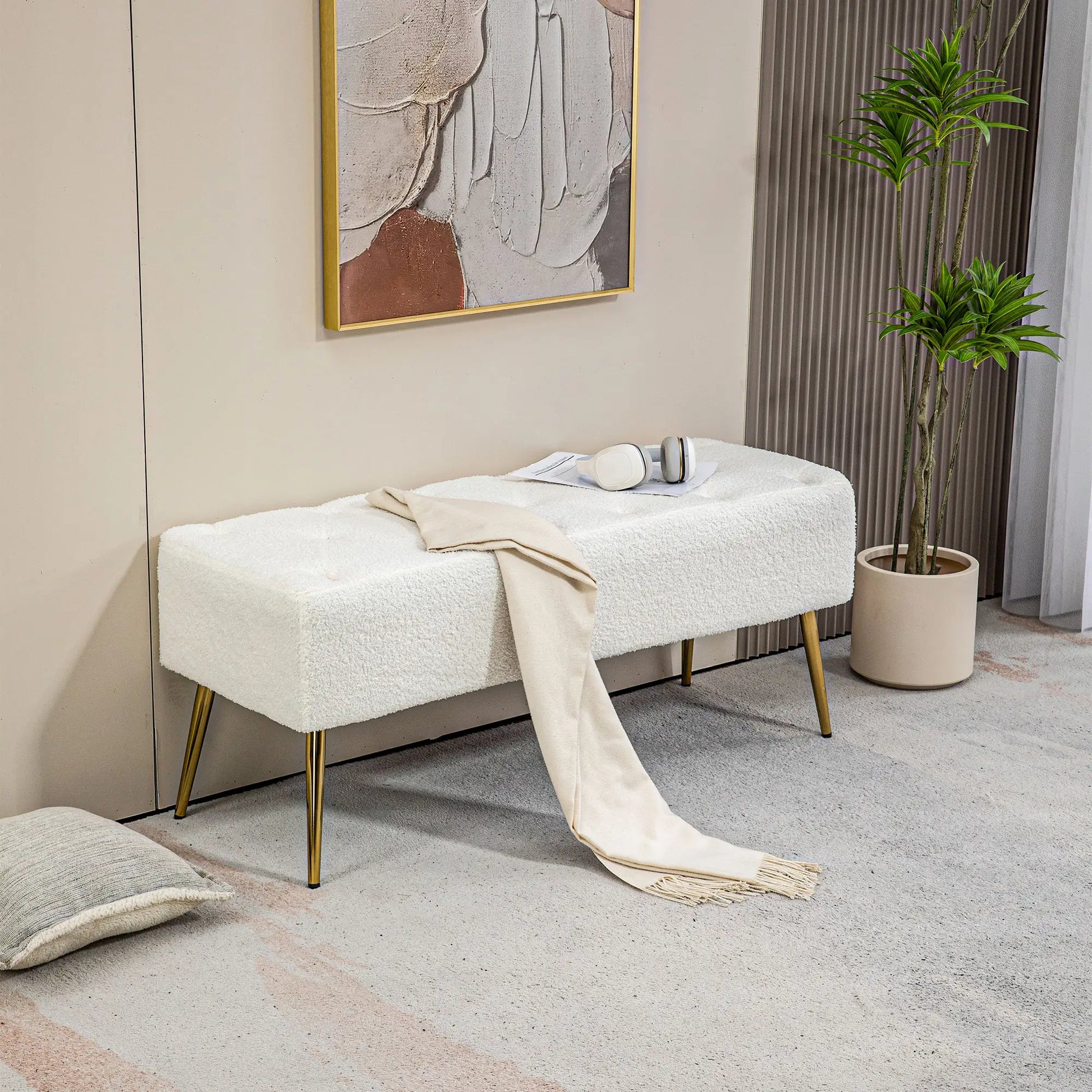 44" Lamb's Wool Upholstered Bedroom Bench, Thick Padded Cushion, Cream White Storage Ottomans & Benches at Gallery Canada