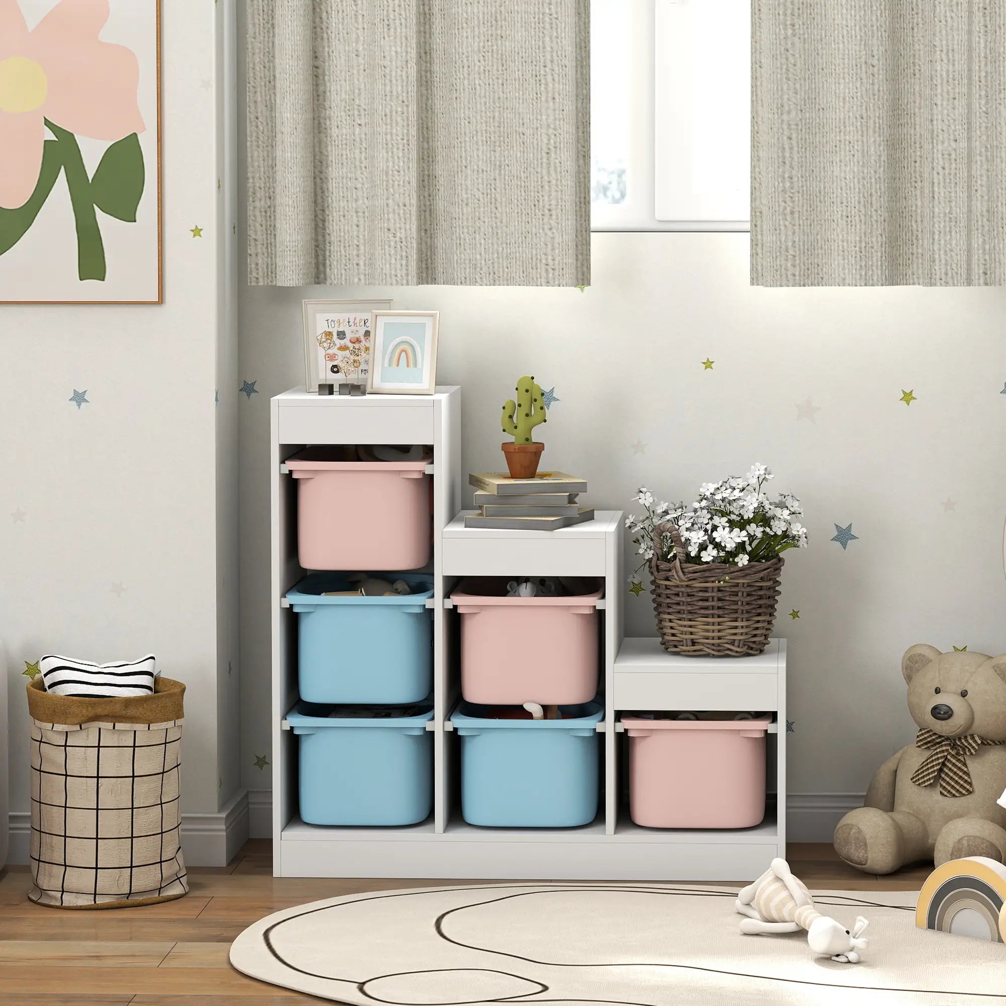 3 Layer Toy Storage Organizer, Kids Bookshelf, 6 Plastic Bins, Blue & Pink Baby & Kids Storage at Gallery Canada