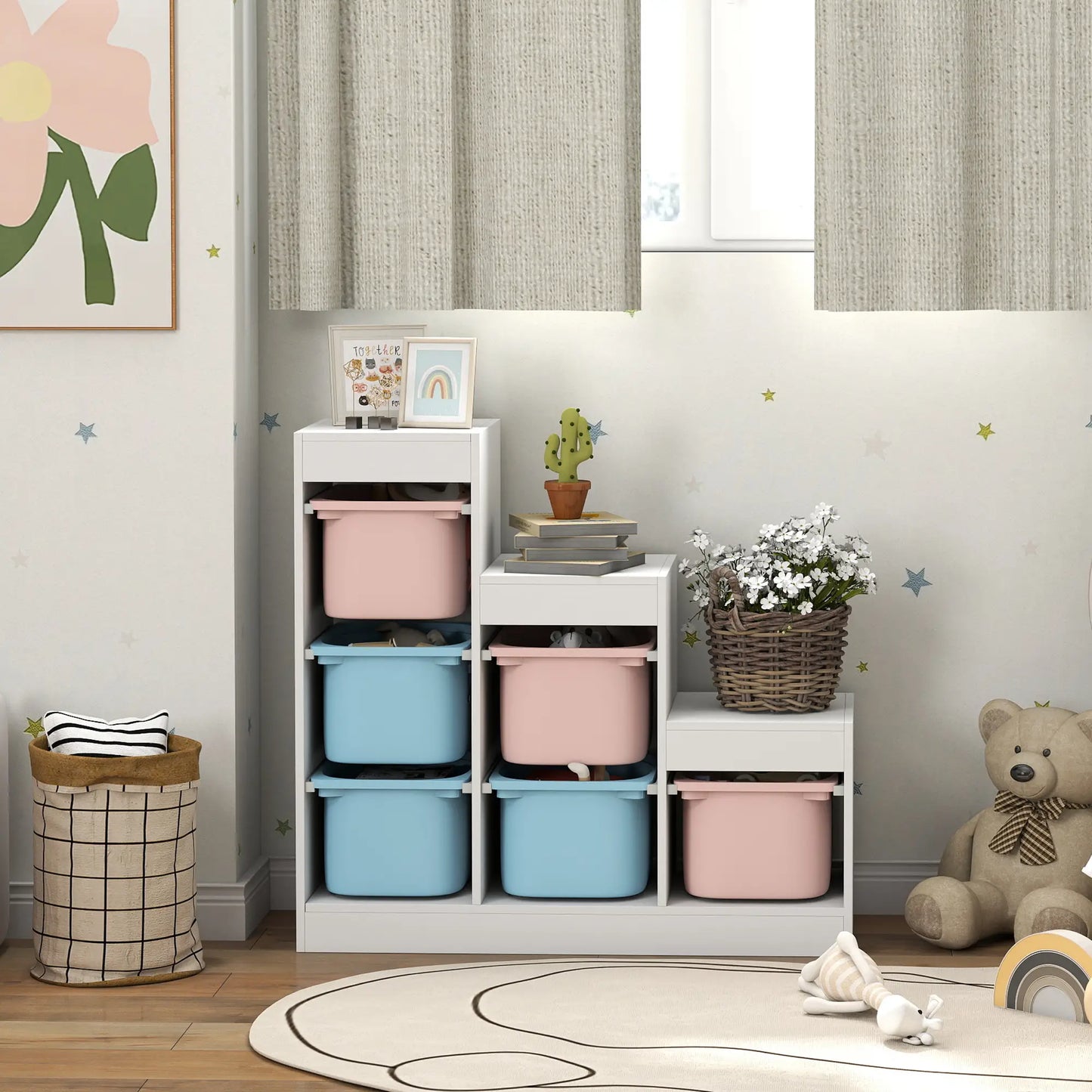 3 Layer Toy Storage Organizer, Kids Bookshelf, 6 Plastic Bins, Blue & Pink Baby & Kids Storage at Gallery Canada
