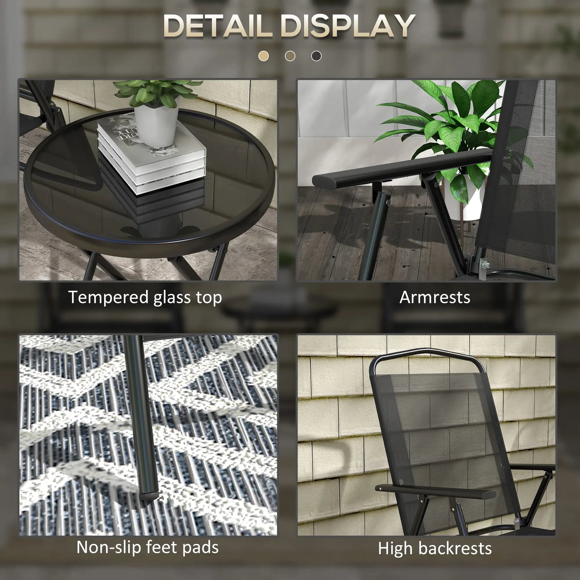 3-Piece Bistro Set, Foldable Patio Furniture, Mesh Chairs, Glass Table, Black Bistro Sets at Gallery Canada