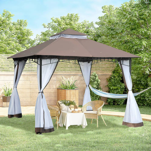 10' x 10' Garden Gazebo, Double Tier Canopy, Sunshade Tent, Anti-UV Roof, Metal Frame, Coffee