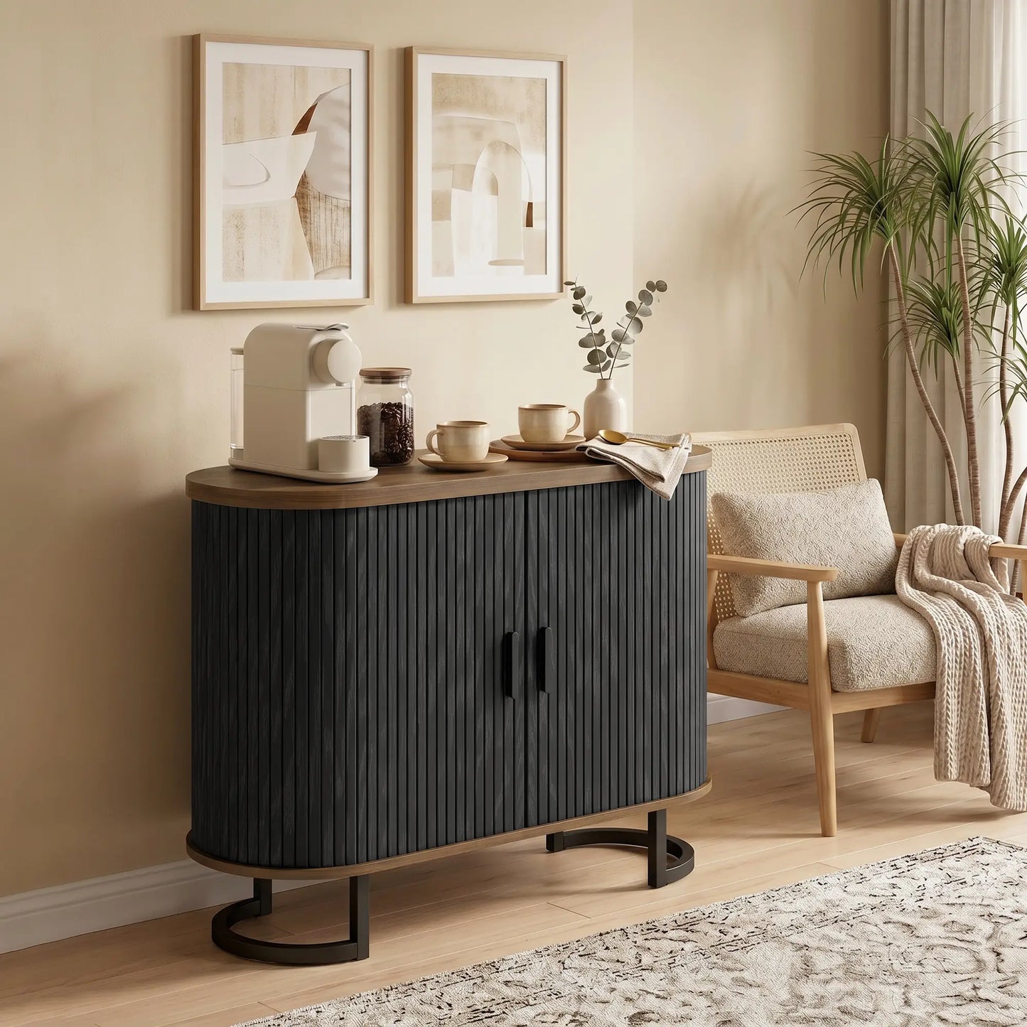 Sideboard Buffet Cabinet with Curved Tambour Doors, Brown/Black