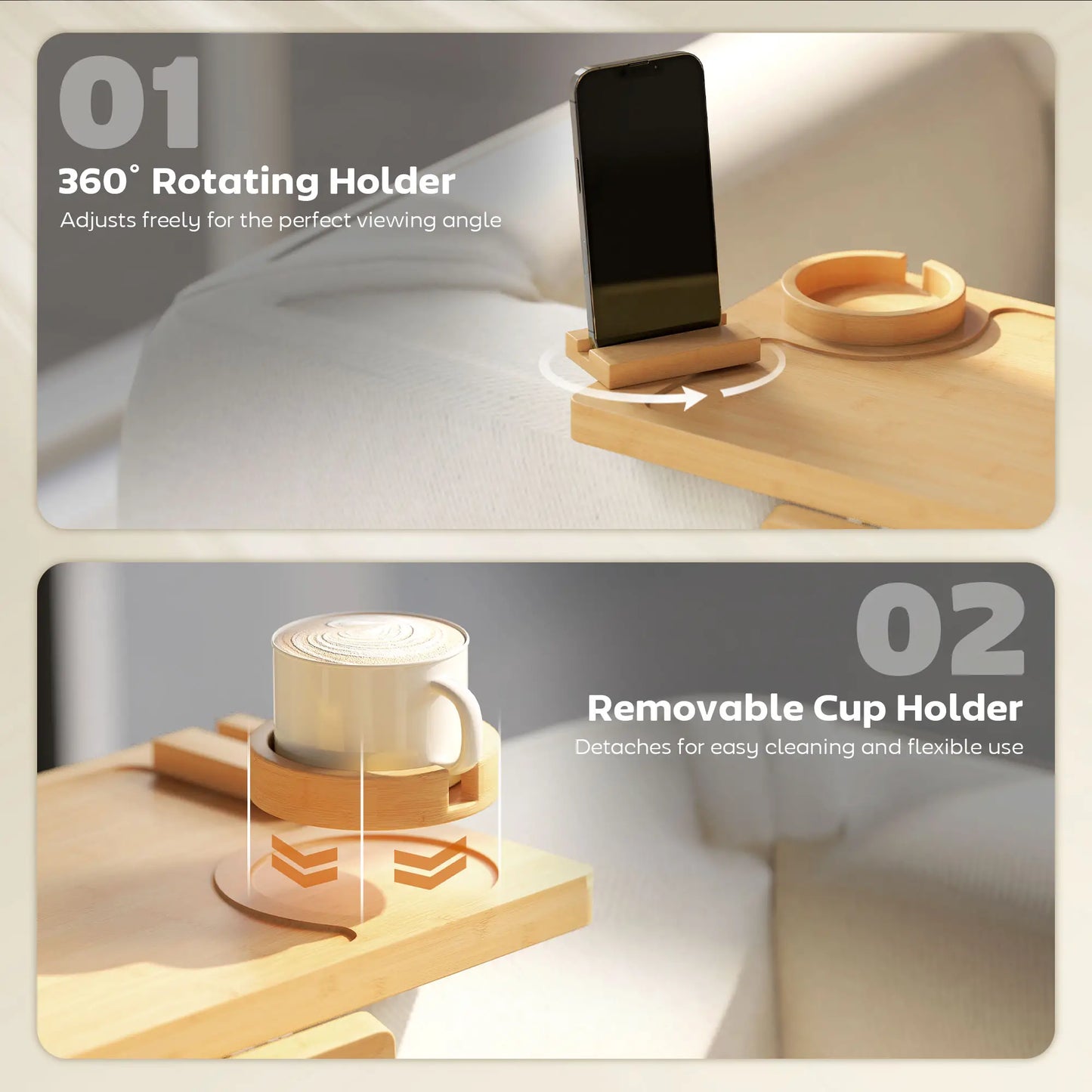 Clip-On Side Table, 360 Rotating Phone Holder, Removable Cup Holder, Natural Living Room Furniture at Gallery Canada