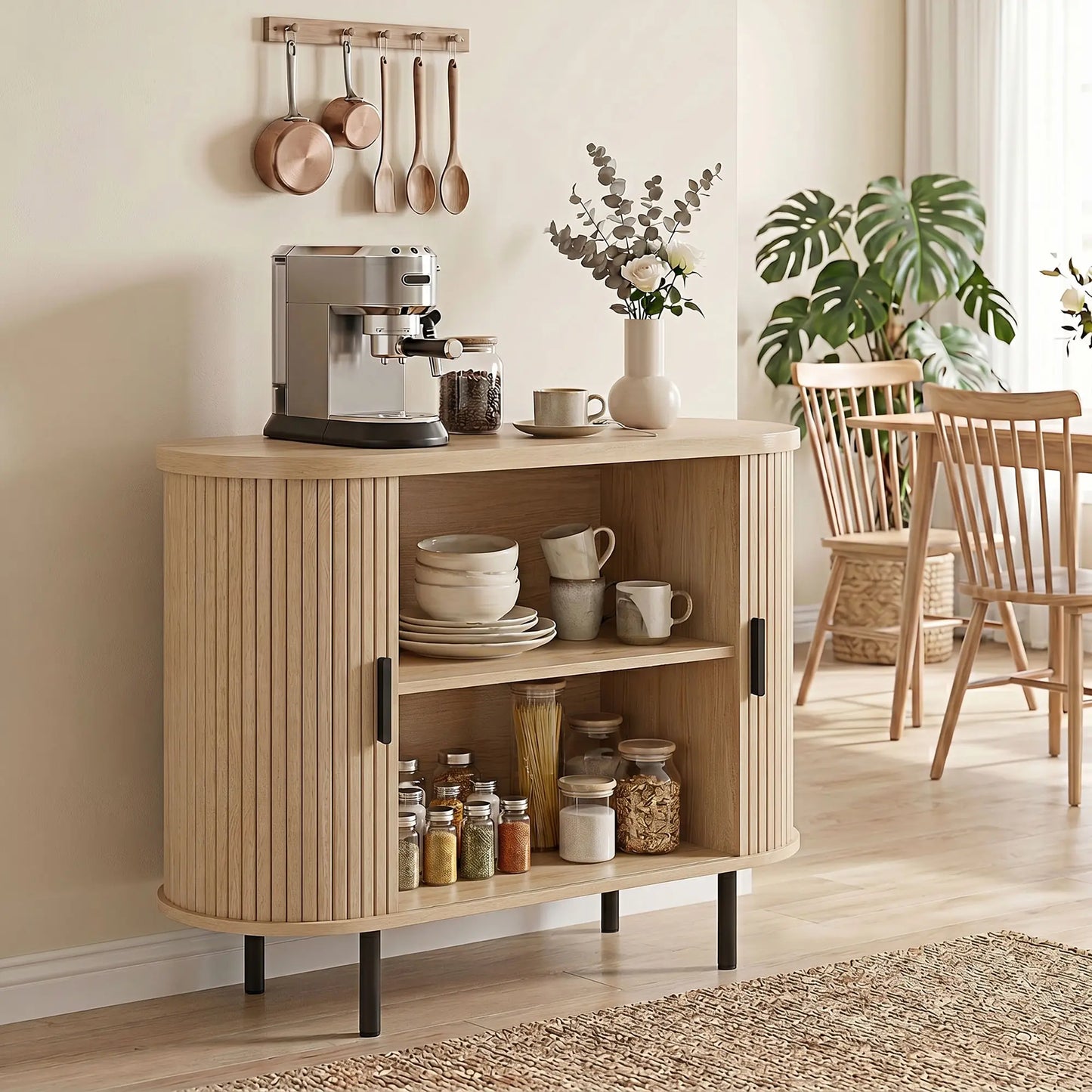 Sideboard Buffet Cabinet with Curved Tambour Doors, Natural Wood, Natural Wood
