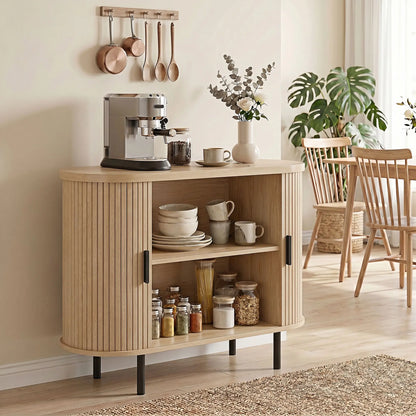 Sideboard Buffet Cabinet with Curved Tambour Doors, Natural Wood, Natural Wood