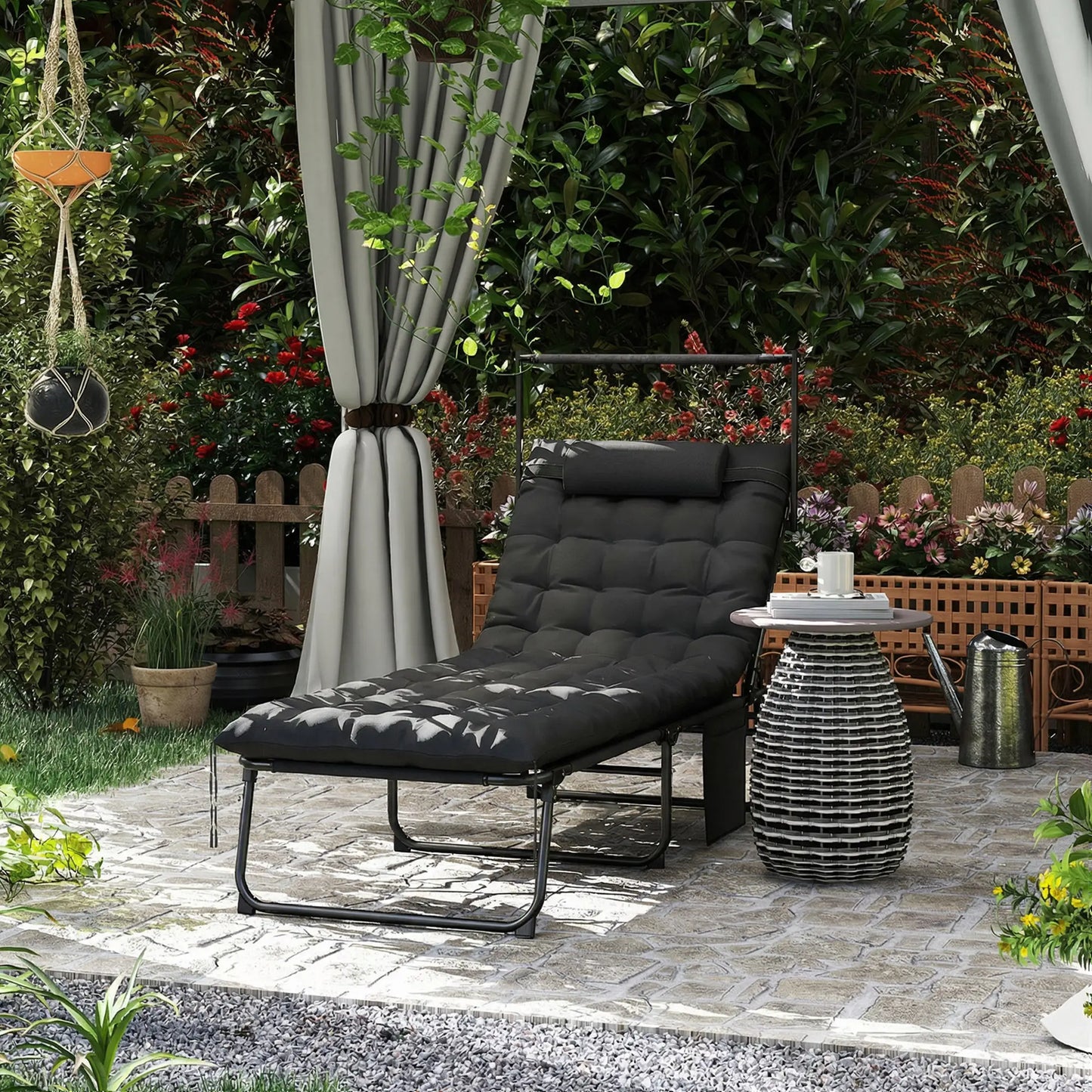 Folding Lounge Chair With Adjustable Canopy, 4-Position Tanning Chair, Black Lounger Chairs at Gallery Canada