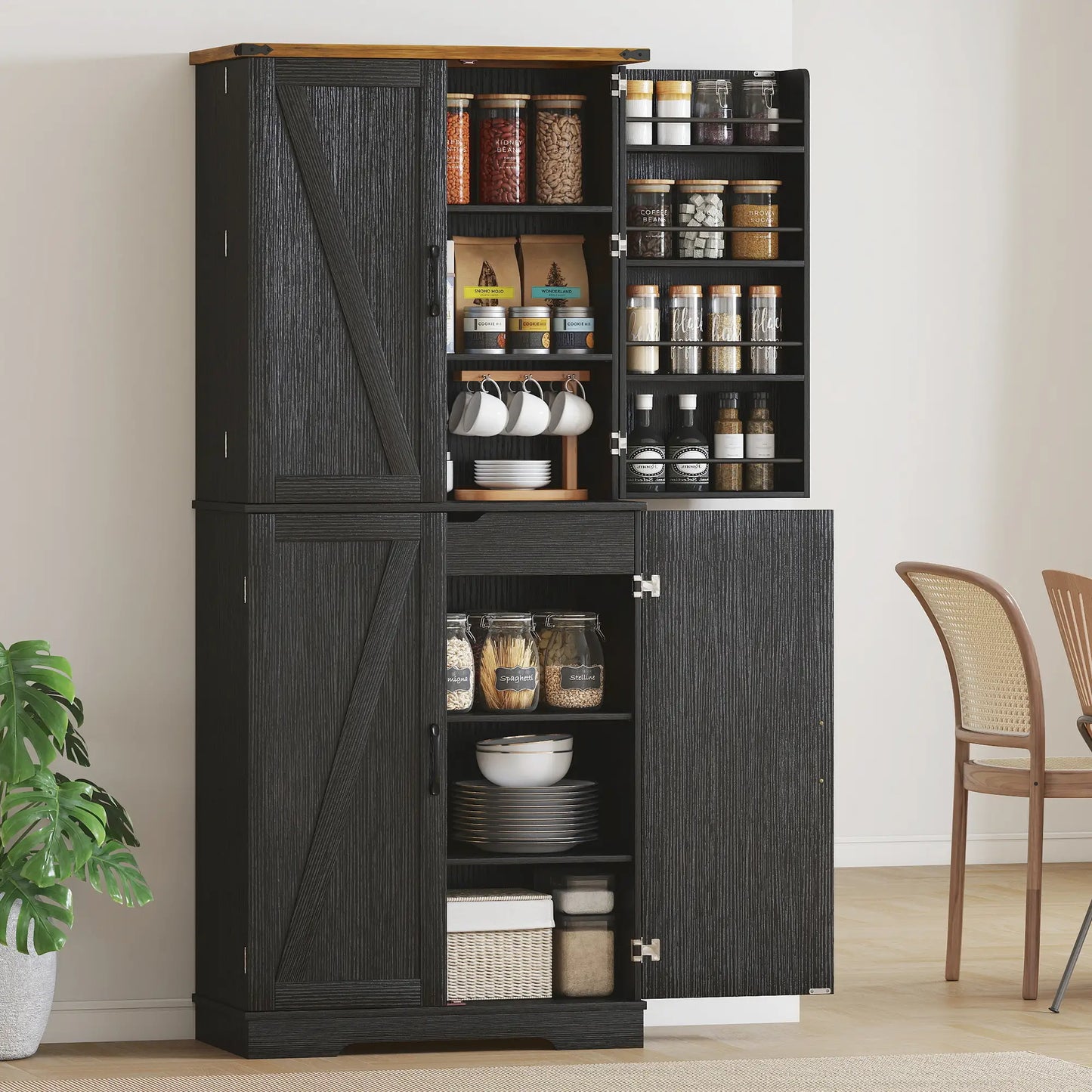 72 Inch Kitchen Pantry Cabinet, 4 Doors, Drawer, Shelves, Black Kitchen Pantry Cabinets at Gallery Canada