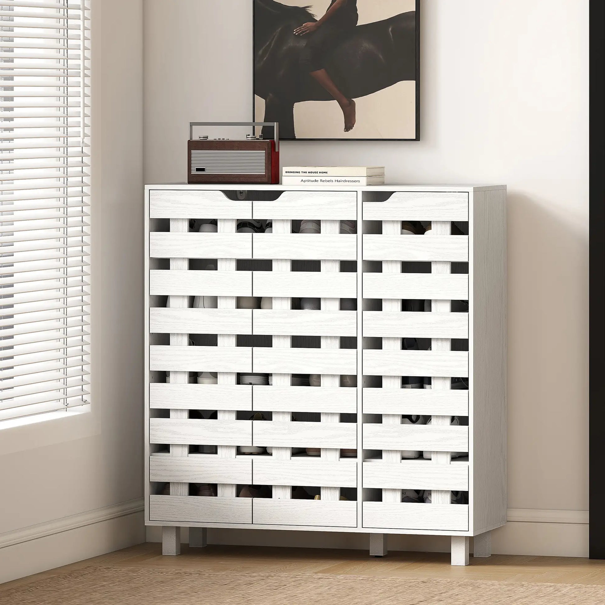 Shoe Cabinet, 21 Pair Storage with Hollowed-Out Doors, White Shoe Storage Cabinets & Racks at Gallery Canada