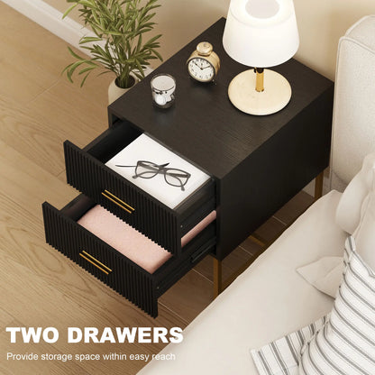 Modern Nightstands With Storage, 2 Fluted Drawers, Gold Legs, Black Bedside Tables at Gallery Canada