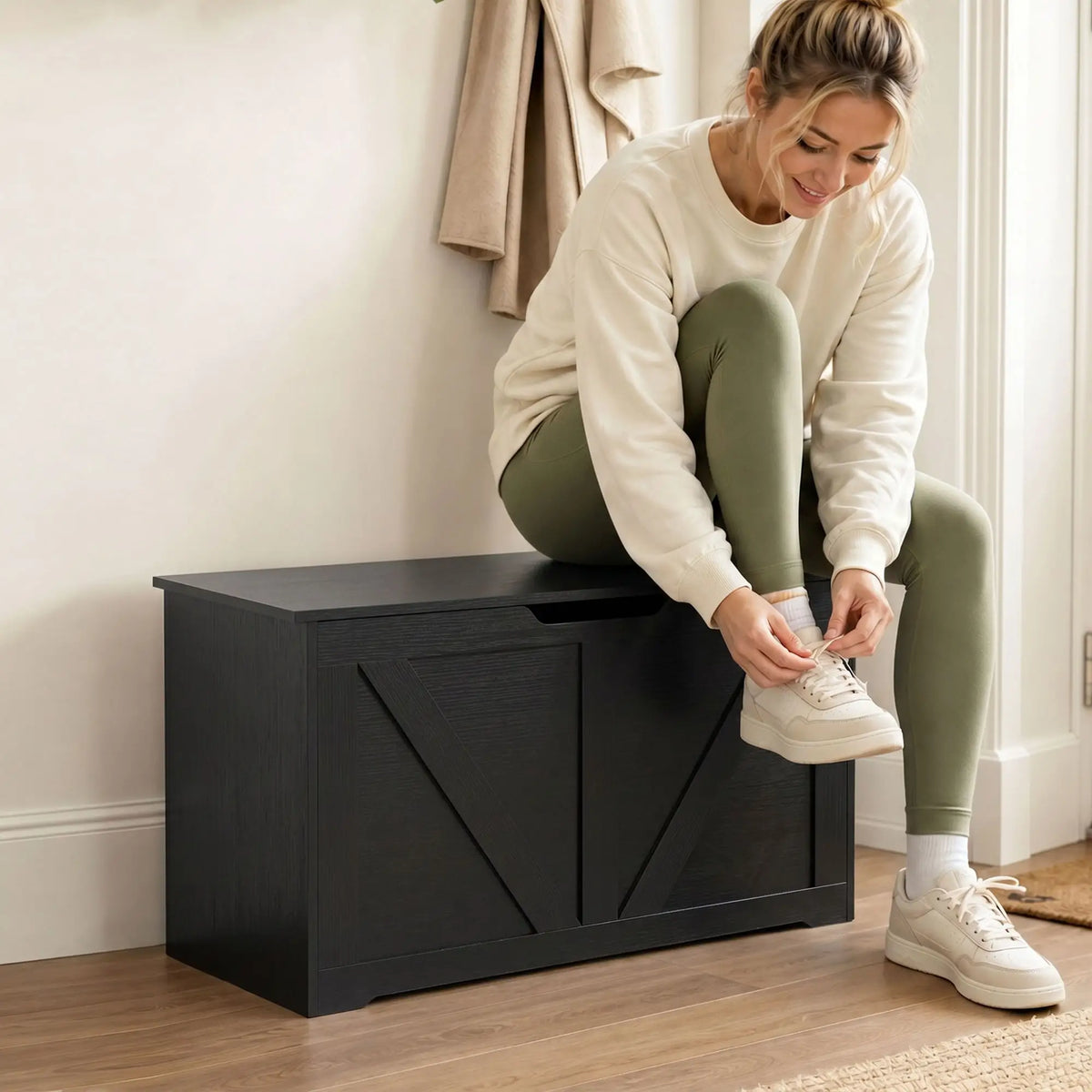 31.5 Inch Storage Chest Trunk with Safety Hinge, Black Wood Grain, Black Storage Ottomans & Benches at Gallery Canada