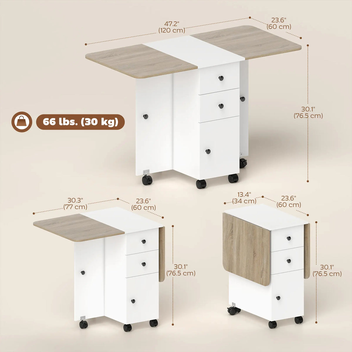 Mobile Drop Leaf Dining Table On Wheels, White And Oak, White
