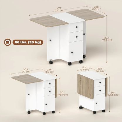 Mobile Drop Leaf Dining Table On Wheels, White And Oak, White