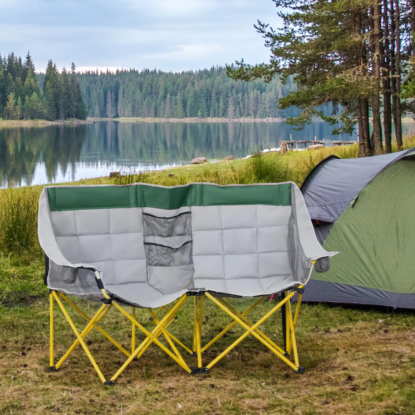 62" W Double Seat Camping Chair, Folding Lawn Loveseat, Storage Pocket, Cup Holder, Green Picnic Tables & Camping Chairs at Gallery Canada