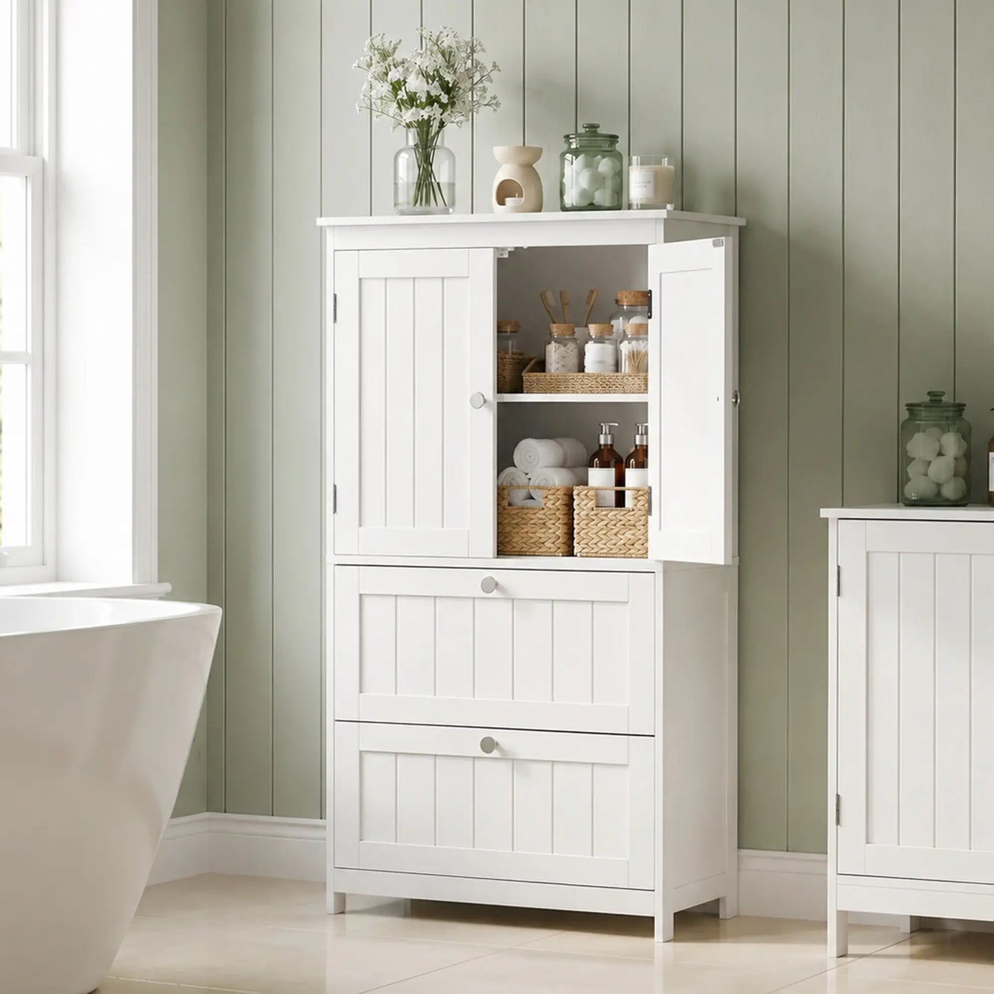 Narrow Bathroom Cabinet, 2 Drawers, Adjustable Shelf, White
