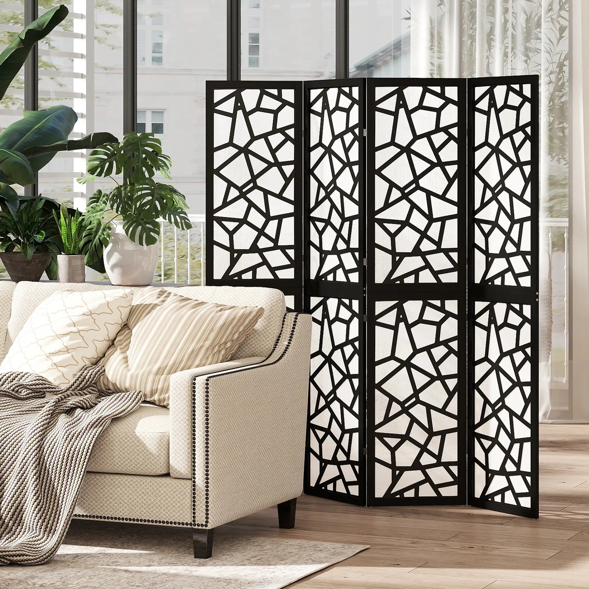 4 Panel Room Divider, 5.6 FT, Geometric Pattern Privacy Screen, Black Room Dividers at Gallery Canada