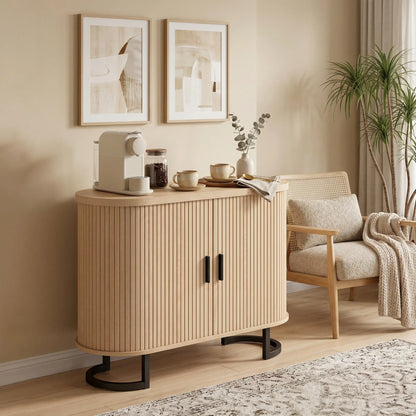 Sideboard Buffet Cabinet, Curved Tambour Doors, Natural Wood