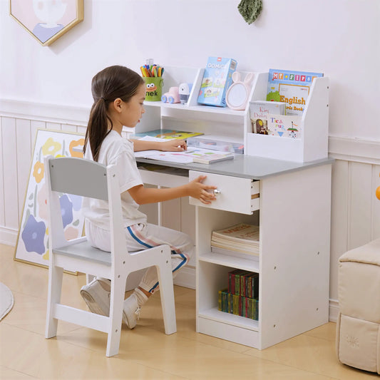 Kids Desk and Chair Set, Study Table for 5-8 Year Old, Grey Kids Desk Sets Grey at Gallery Canada