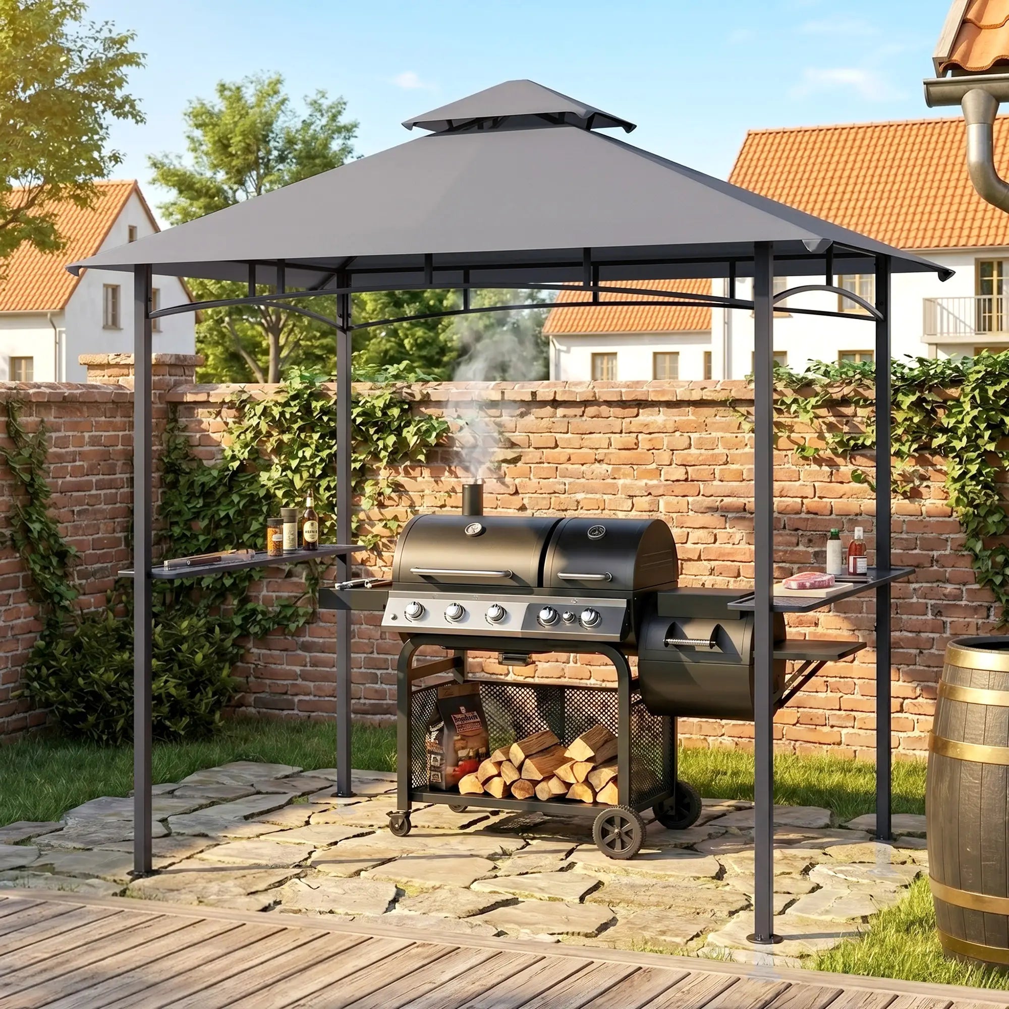 8' x 5' BBQ Grill Gazebo Tent, Double Tiered Canopy, Outdoor Sun Shade, Grey BBQ Grill Gazebos at Gallery Canada