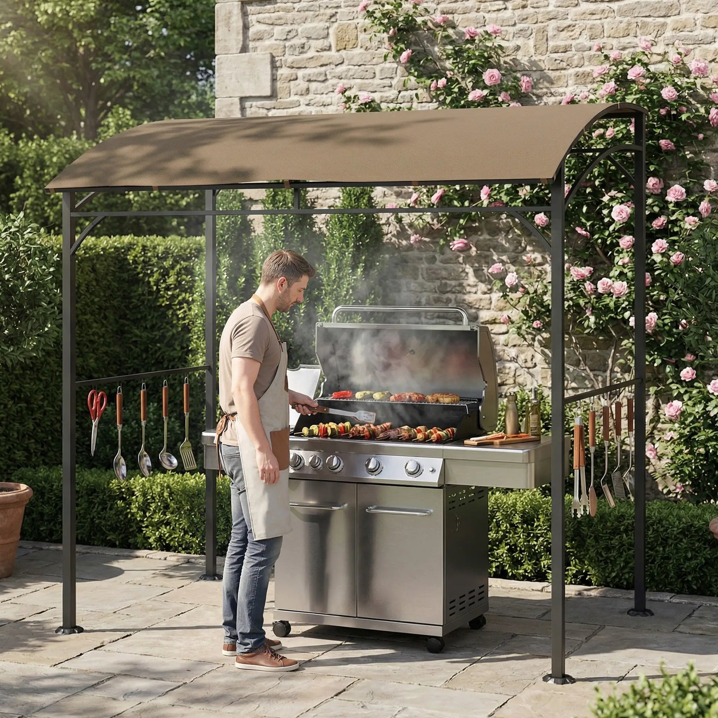 7' x 5' Garden Grill Canopy, Steel Frame with Hooks, Dark Coffee BBQ Grill Gazebos at Gallery Canada