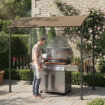 7' x 5' Garden Grill Canopy, Steel Frame with Hooks, Dark Coffee BBQ Grill Gazebos at Gallery Canada