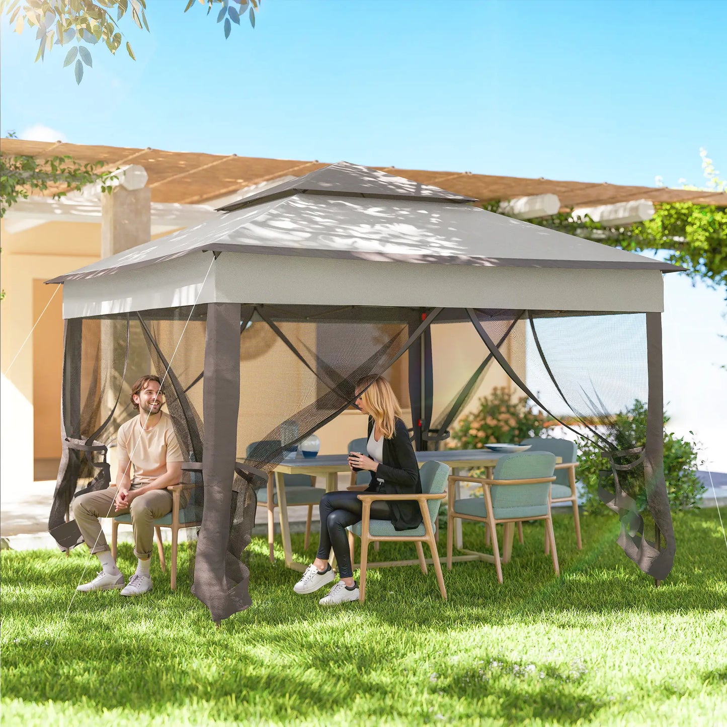 11' x 11' Pop Up Canopy, 2-Tier Soft Top Shelter Tent With Netting, Mixed Grey Pop Up Canopies at Gallery Canada